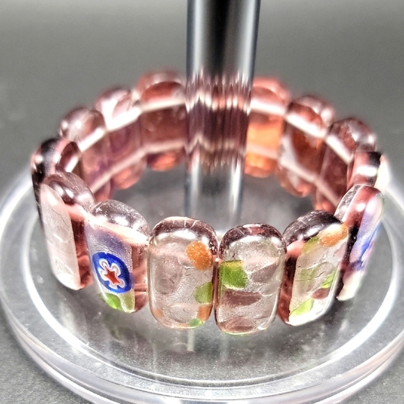 Violet Silver Foil Dichroic Millifiori Glass Beaded Stretch Bracelet NWOT - Picture 1 of 11
